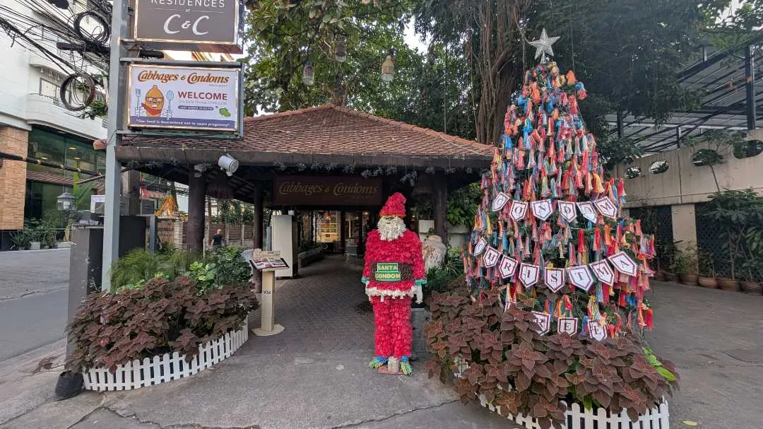 A santa statue made out of condoms