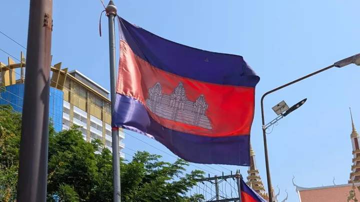 A Cambodian flag blowing in the wind