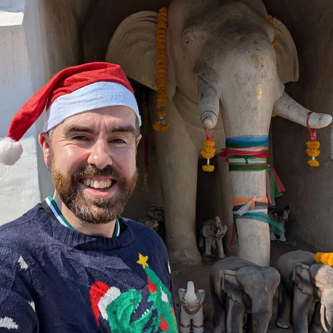 A man taking a selfie in front of an elephant statue. The man is wearing a red santa hat and a navy jumper with a green dinosaur on it