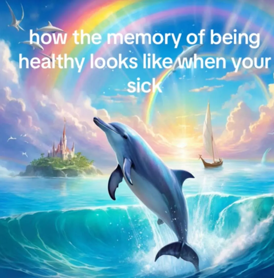 A meme showing a dolphin and a rainbow depicting how the memory of being healthy appears when you are sick
