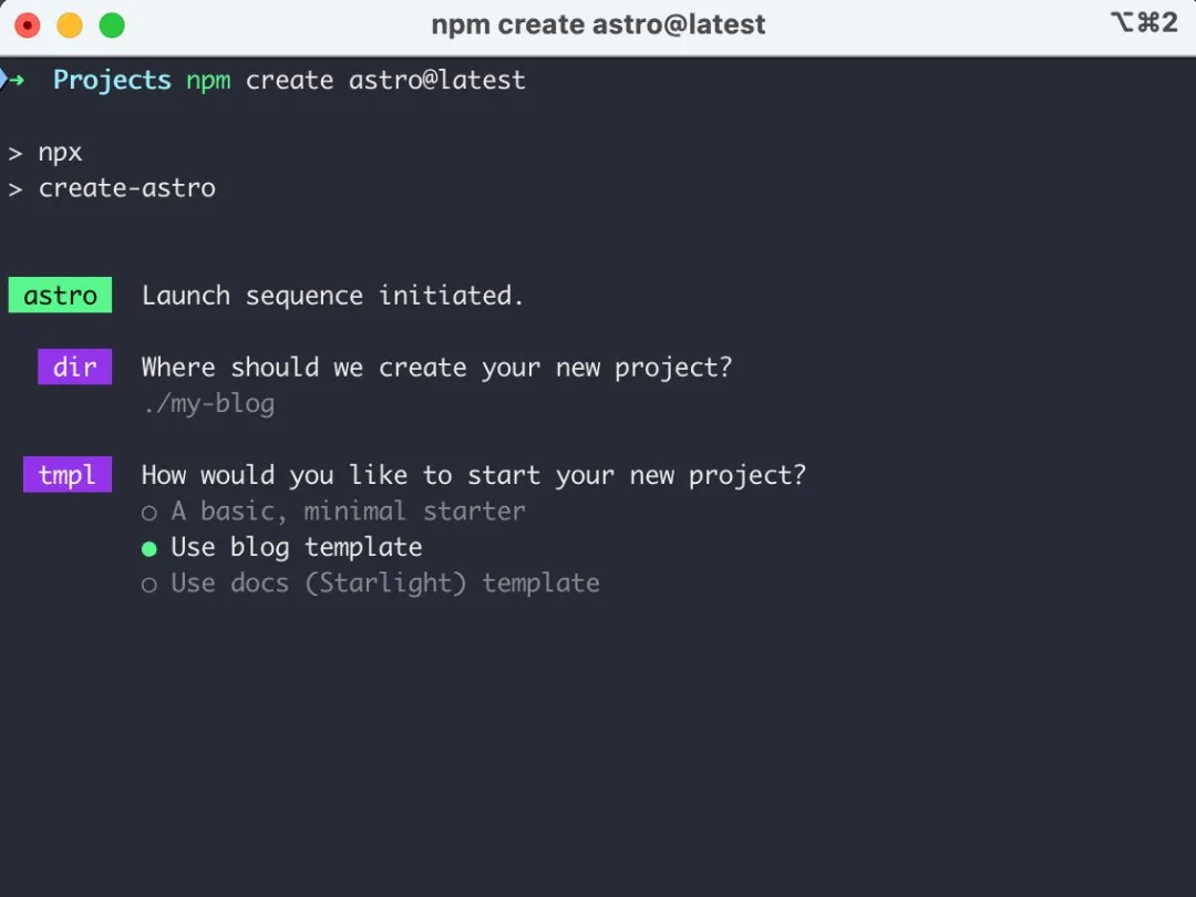 A terminal shell with some commands entered to start a blog project