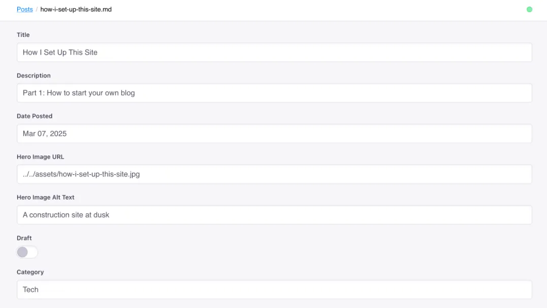 TinaCMS dashboard with some the fields for a single post
