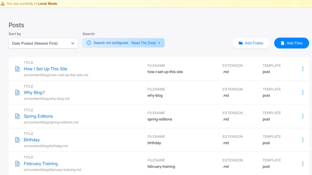 TinaCMS dashboard with some posts