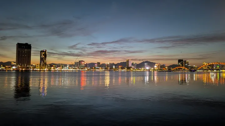 A night cityscape overlooking the Han river in Da Nang