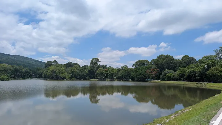 A reservoir with bushy trees and a blue, cloudy, sky