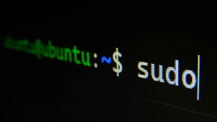 A computer screen displays a terminal with the command prompt and the text "sudo" being typed.