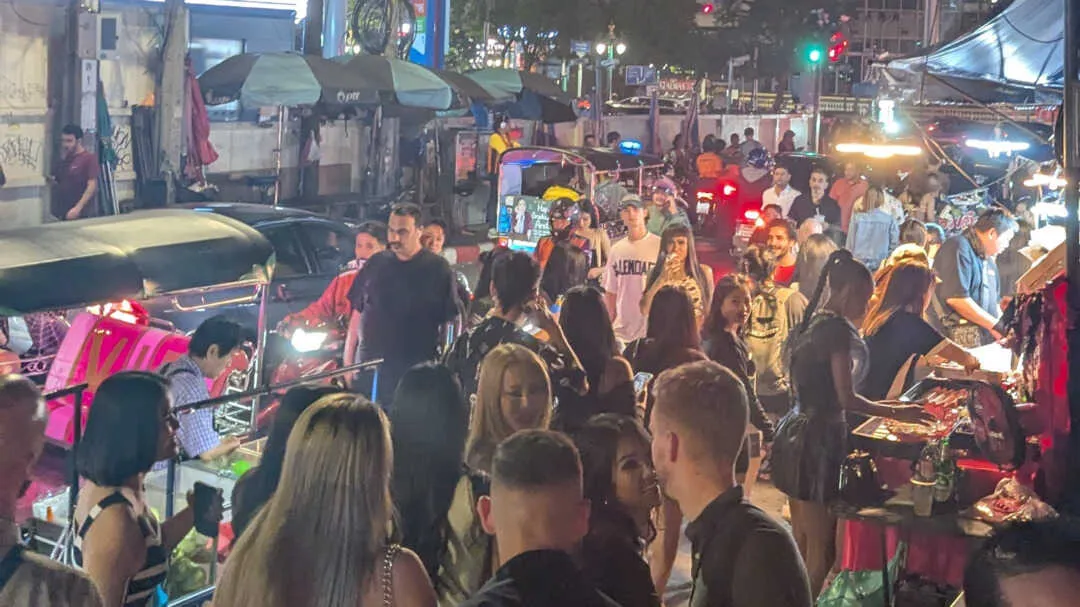 A busy street at night