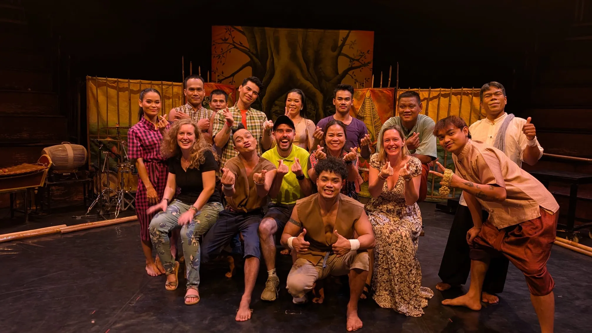 A group photo with performers in the Phare Cambodian Circus