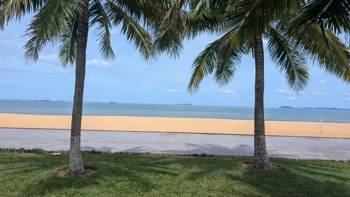 Two palm trees with the beach and sea between them