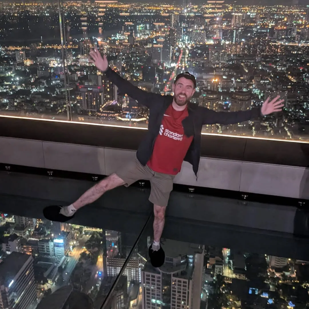A pic on a Skywalk, with Bangkok skyline behind and below me