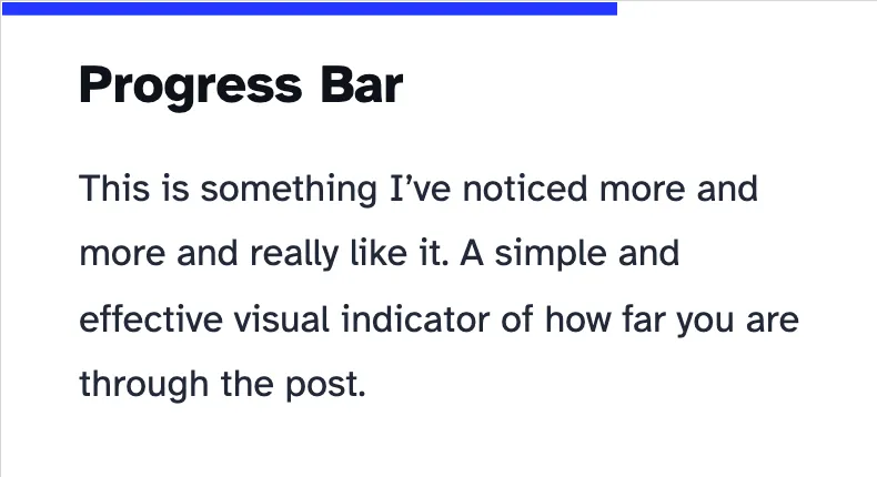 A screenshot of this website showing a blue progress bar indicating how far through the post the user is