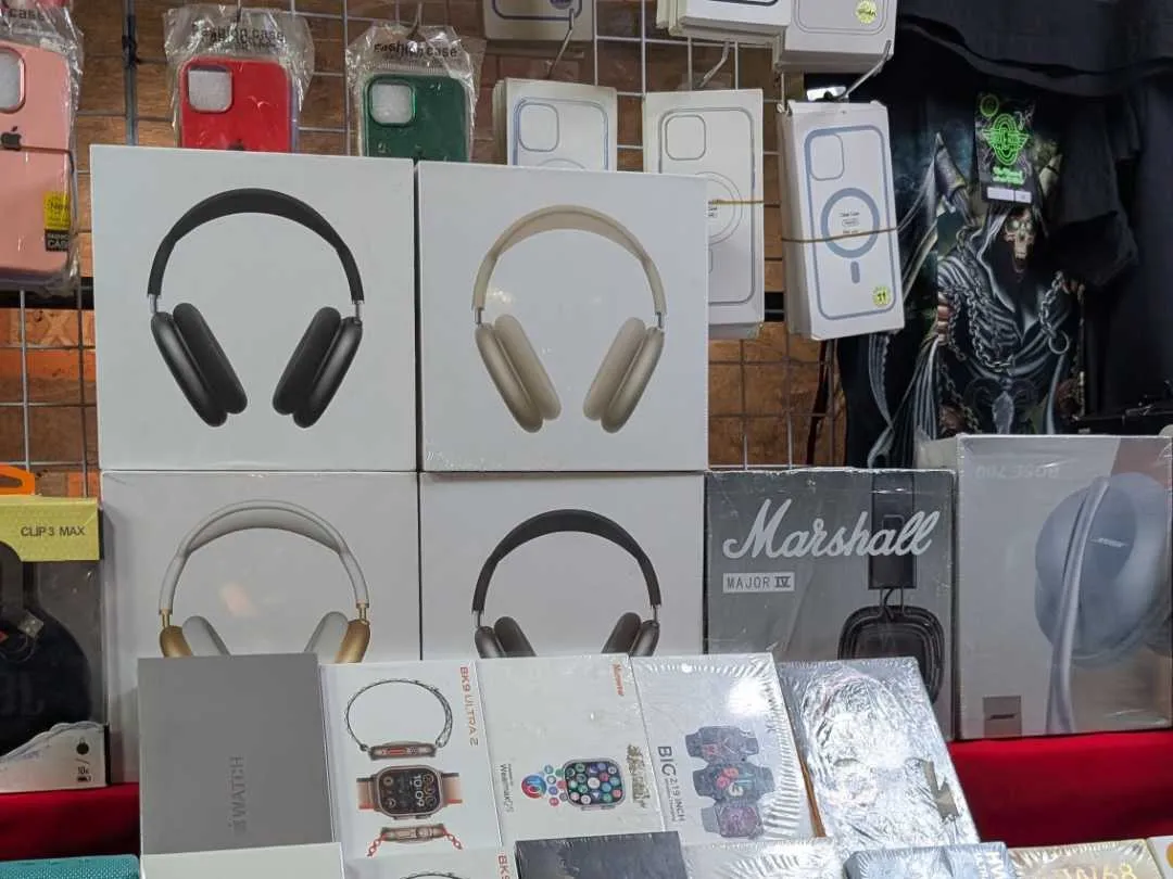 A picture of a collection of headphones at an evening market