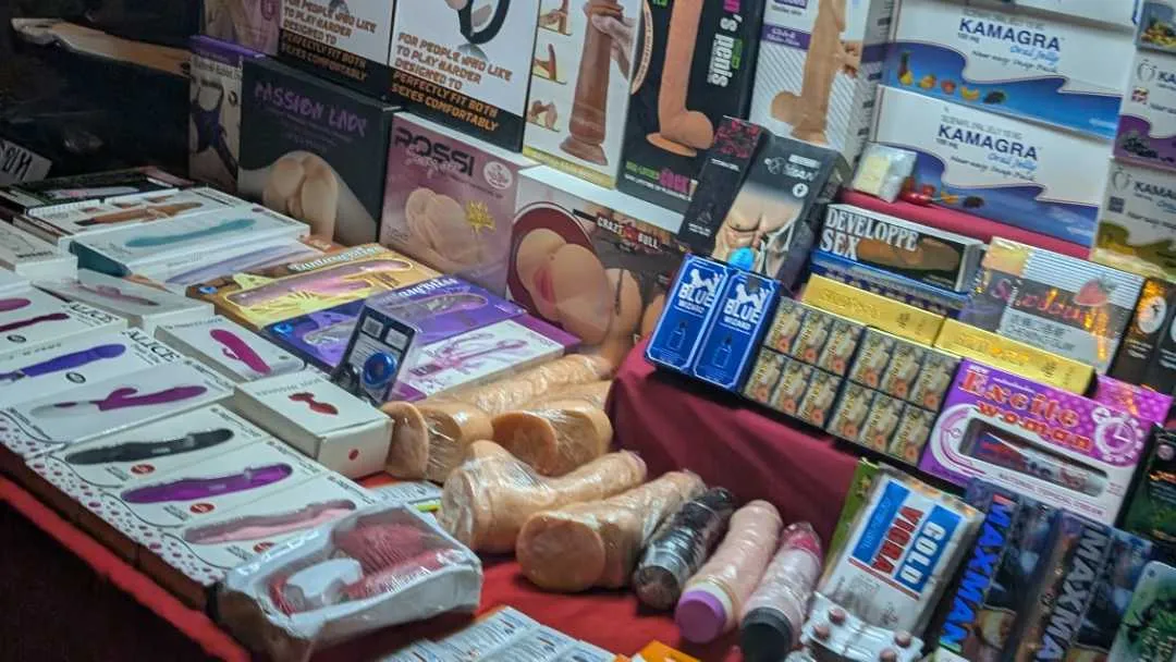 A collection of dildos and other sex toys at a night market in Bangkok