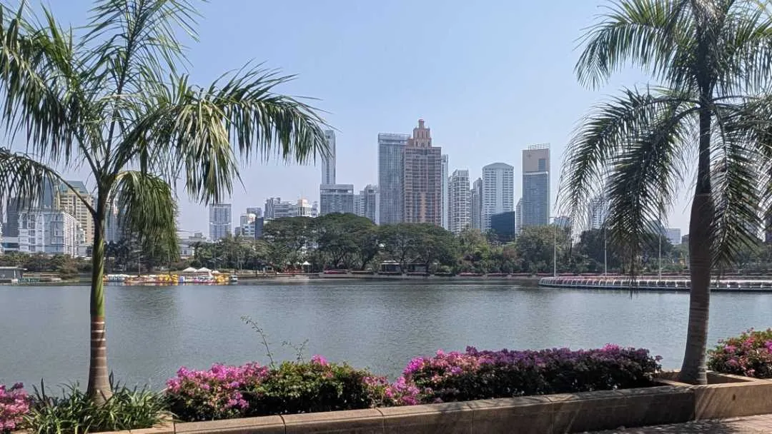 A picture of the lake, trees, and skyscrapers, in Benchakitti Park
