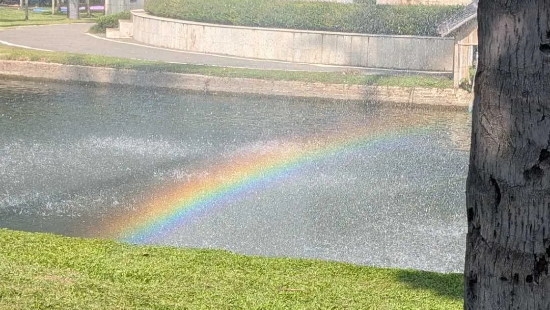 A rainbow appears through a fountain