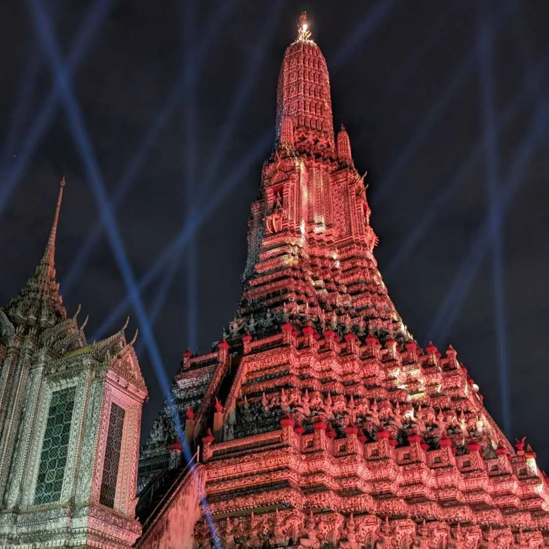 A Bangkok temple lit up at night